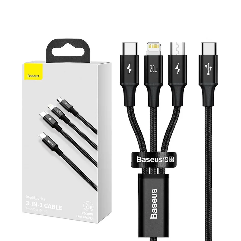 Baseus Rapid Series 3-in-1 Fast Charging Data Cable Type-C to C+L+C PD 20W 1.5m Black CAMLT-SC01