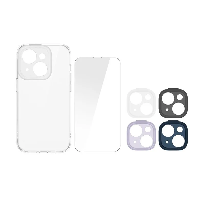 Baseus Illusion Series Protective Case for iP 14 Plus (With clear/black/blue/purple camera lens frames and full coverage tempered glass screen protector and cleaning kit), Clear ARHJ010002