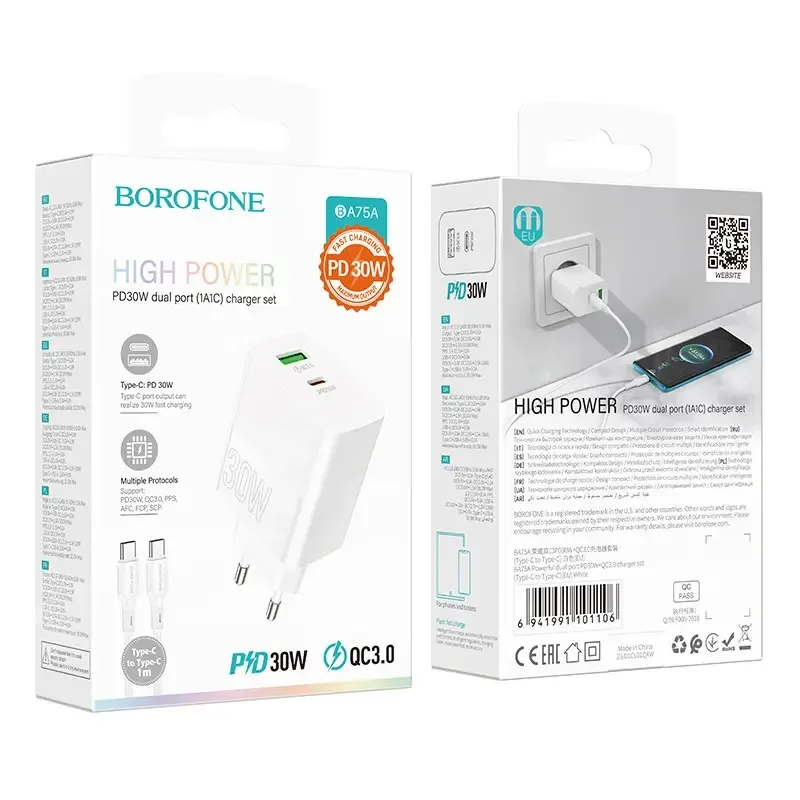 Borofone BA75A Powerful dual port PD30W+QC3.0 charger set(Type-C to Type-C)(EU)