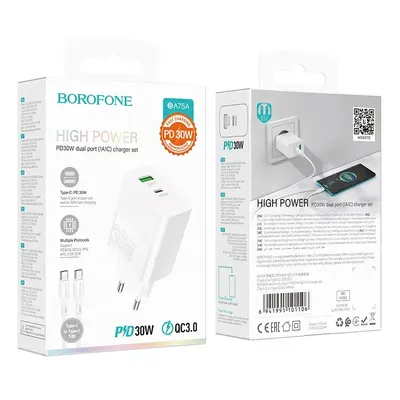 Borofone BA75A Powerful dual port PD30W+QC3.0 charger set(Type-C to Type-C)(EU)