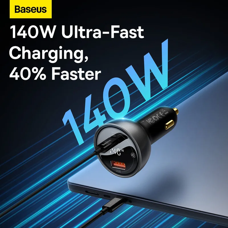 Baseus Digital Display PD3.1 Dual Fast Charger Car Charger U+C 140W Set Obsidian Black (With Superior Series Fast Charging Data Cable Type-C to Type-C 240W (48V/5A) 1m Black）