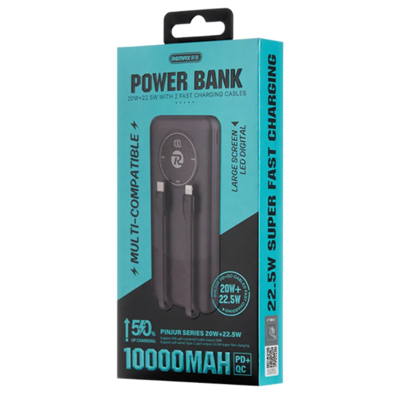 REMAX 20W+22.5W Built-in dual fast charging cables power bank 10000mAh RPP-37 Black