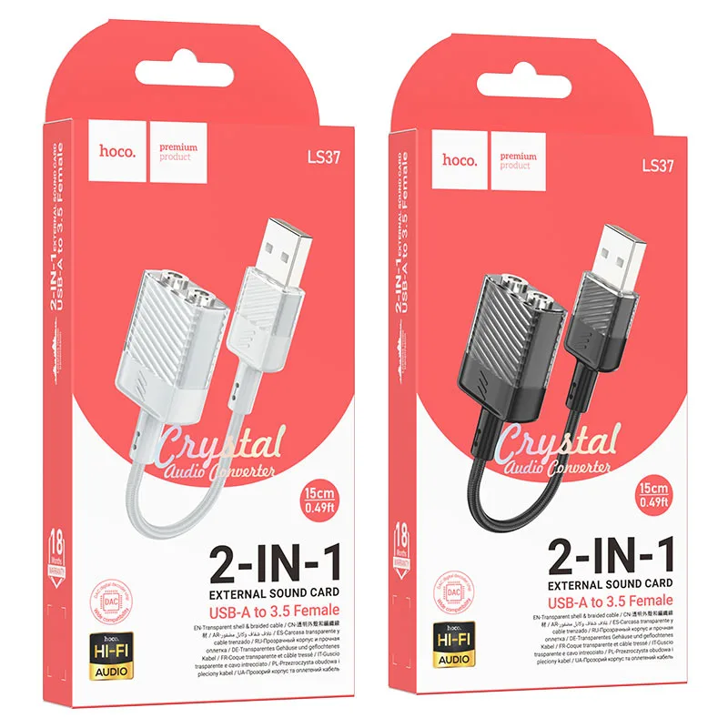 Hoco LS37 Spirit 2-in-1 transparent external sound card for earphones USB to 3.5mm