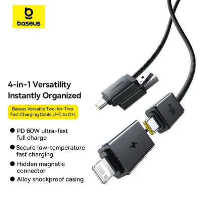 Baseus Versatile Two-for-Two Fast Charging Cable U+C to C+L 60W 1m Cosmic Black 