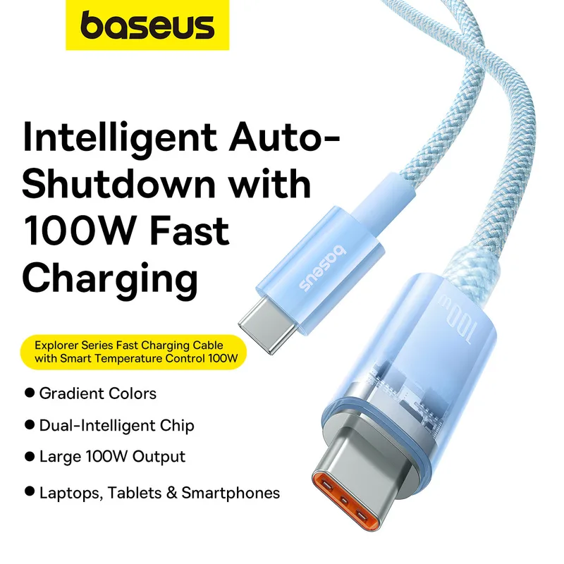 Baseus Explorer Series Fast Charging Cable with Smart Temperature Control USB to Type-C 100W 1m Blue