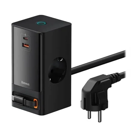 OS-Baseus PowerCombo Digital PowerStrip 2AC+1U+1C+Retractable-C 65W with 1.5m power cord EU Black