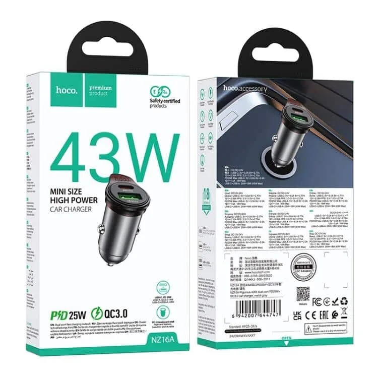 Hoco NZ16A Rigorous 43W dual port PD25W+QC3.0 car charger metal grey