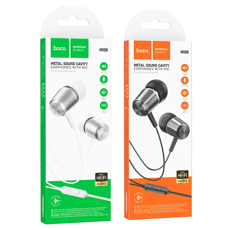 Hoco M108 Spring metal universal earphones with mic თეთრი