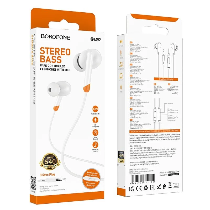Borofone BM92 Refined universal earphones with microphone White