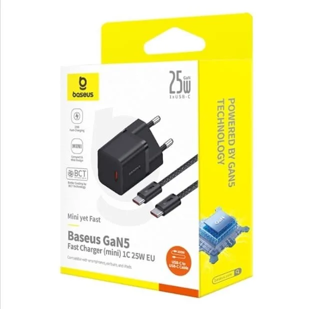 Baseus GaN5 Fast Charger (mini) 1C 25W EU Cluster Black (with: Baseus Dynamic 3 Series Fast Charging Data Cable Type-C to Type-C 100W 1m Cluster Black）