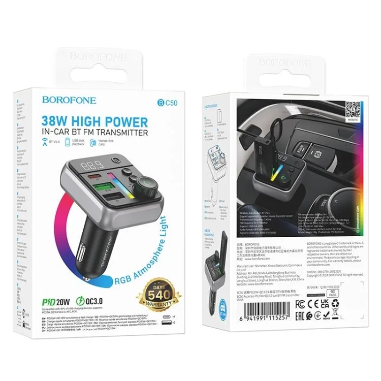 Borofone BC50 Ascenso PD20W+QC3.0 car BT FM transmitter