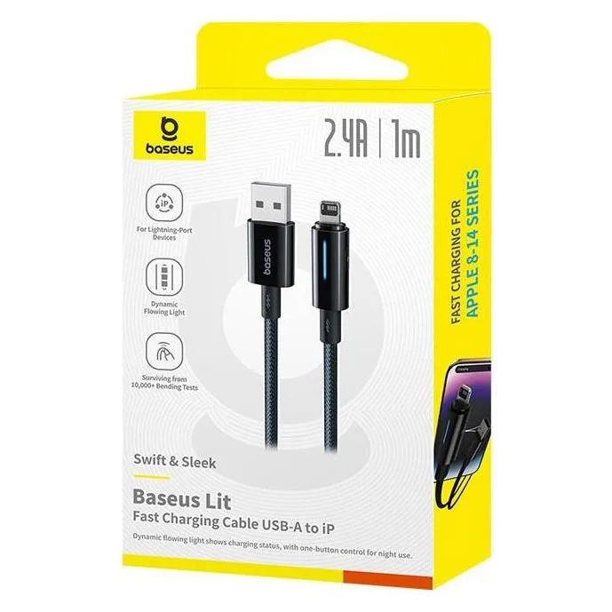 Baseus Lit Button-Control Fast Charging Data Cable USB-A to iP 2.4A 1m Cosmic Black