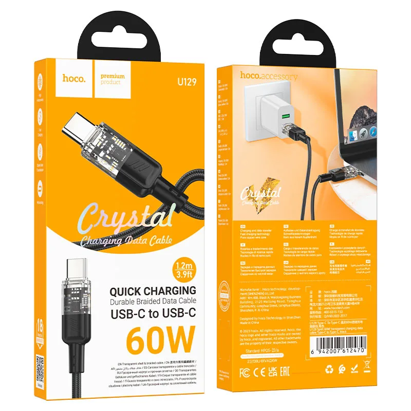 Hoco U129 Spirit 60W transparent charging data cable Type-C to Type-C black