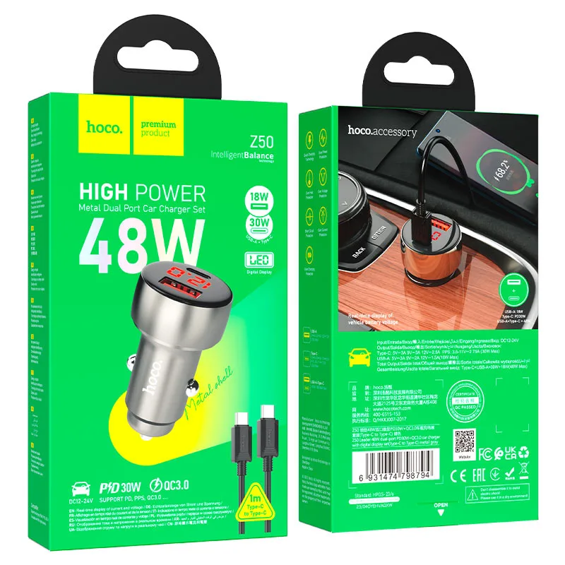 Hoco Z50 Leader 48W dual-port PD30W+QC3.0 car charger with digital display metal gray