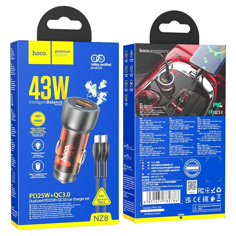 Hoco NZ8 Sprinter 43W dual port PD25W+QC3.0 car charger set Orange(Type-C to Type-C)