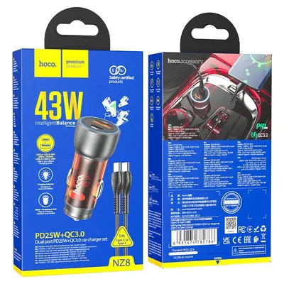 Hoco NZ8 Sprinter 43W dual port PD25W+QC3.0 car charger set Orange(Type-C to Typ