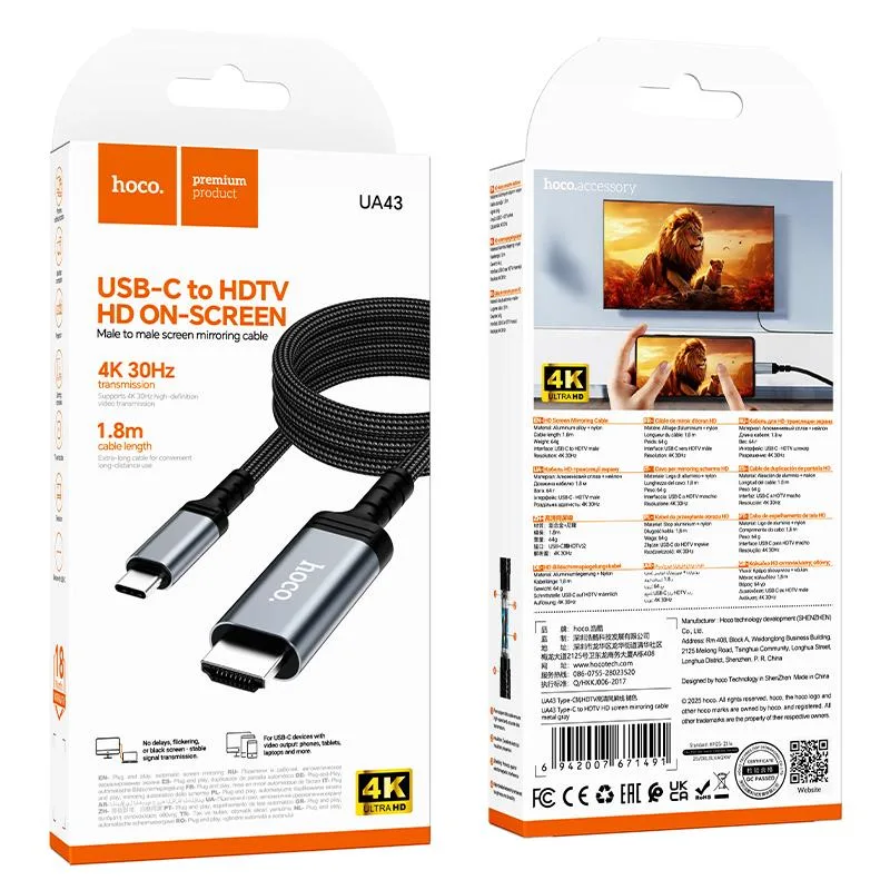 Hoco UA43 Type-C to HDTV HD screen mirroring cable metal gray
