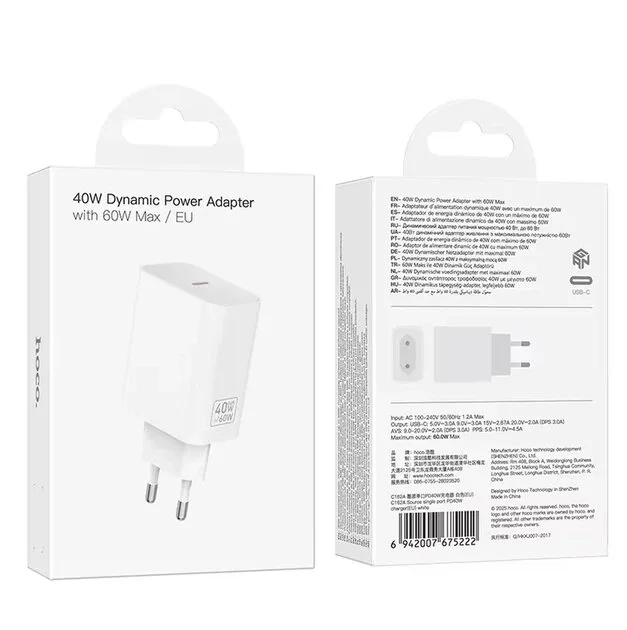 Hoco C162A Source single port PD40W charger(EU) white