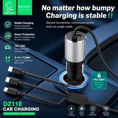 Vdenmenv Car Charger with 3-in-1 cable DZ11E