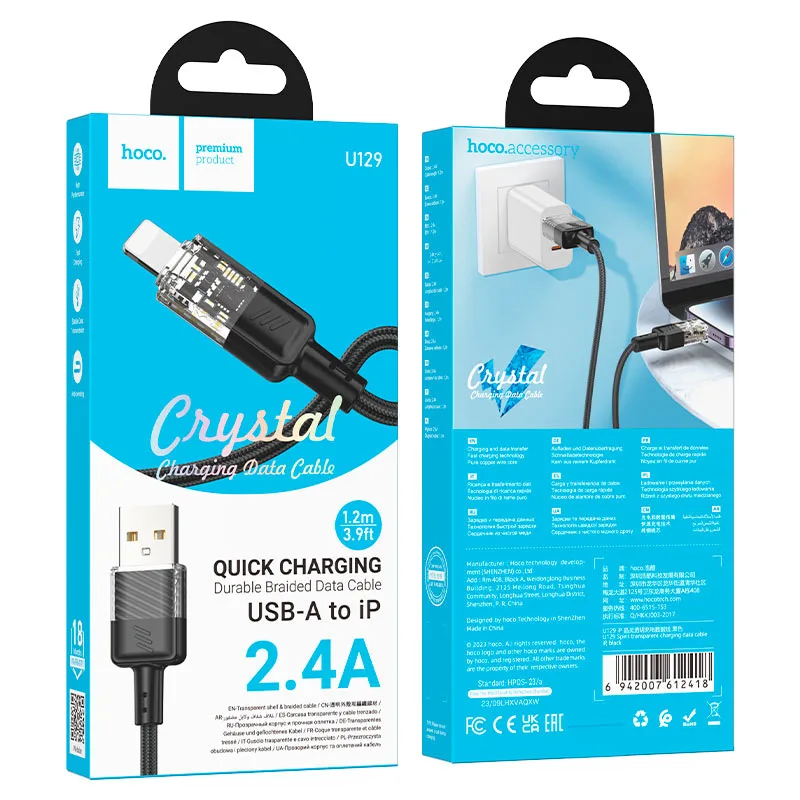 Hoco U129 Spirit PD transparent charging data cable iP black